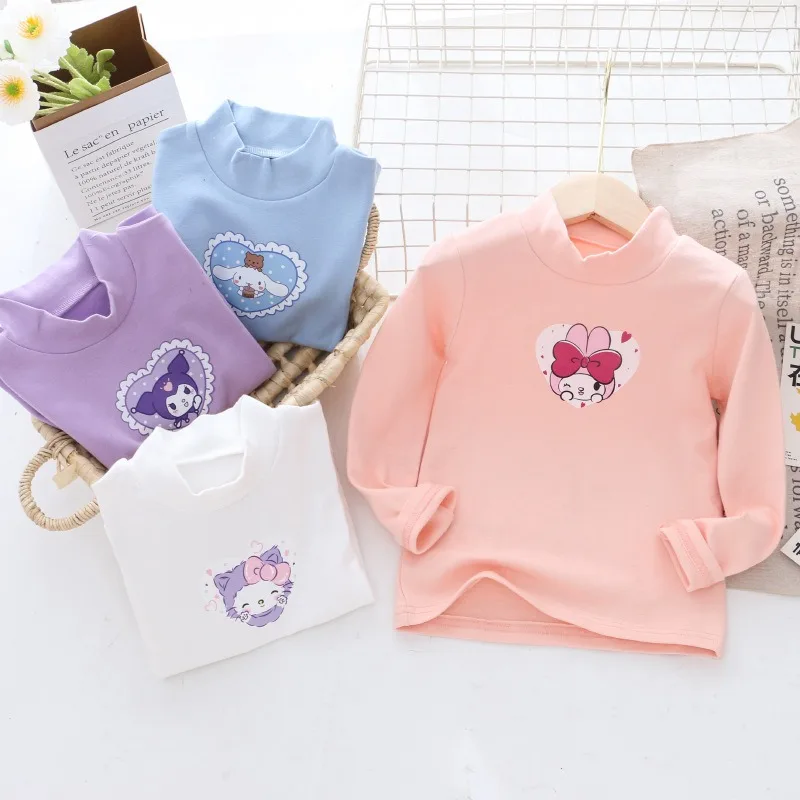 

Sanrio Kawaii My Melody Kuromi Cartoon Bottoming Shirt Sweater Cute Autumn Half-high Collar Round Neck T-shirt Children's Top