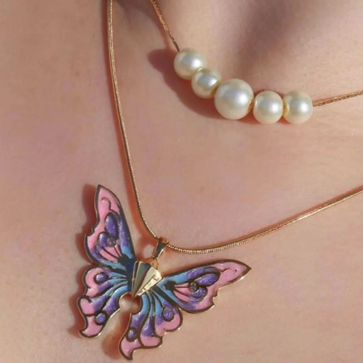 

Fashion Women Butterfly Necklaces Thai Pop Butterfly Pearl Necklace Double Choker Chains Girl Jewelry Gifts 2023
