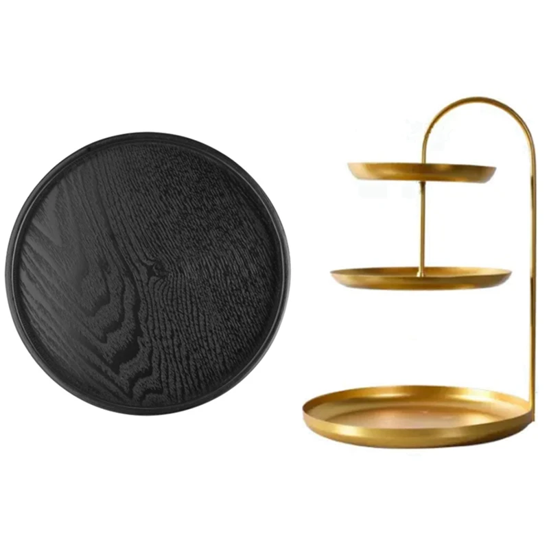 

Round Solid Wooden Tea Table Tray Black with Nordic Three Layer Storage Tray Gold Cosmetics Storage Tray