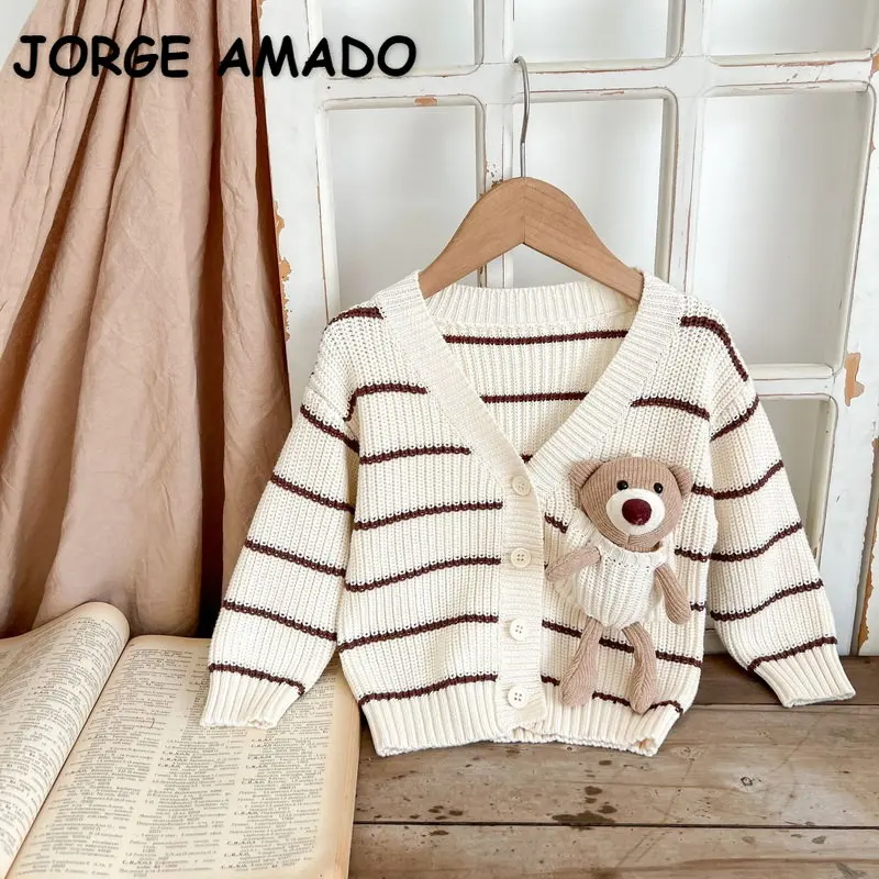 

New Autumn Kid Girl Boy Sweater Coat V-neck Apricot Striped Wool Knit Long Sleeves Single Breasted Cardigan Child Clothes E2354