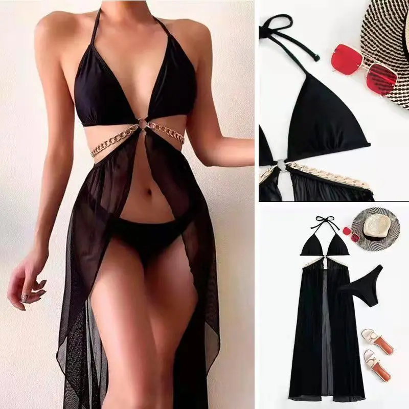 

Новый купальник, новинка 2022, черный бикини из трех предметов в металлическом стиле, комплект из 3 предметов, женские купальные костюмы, однот...