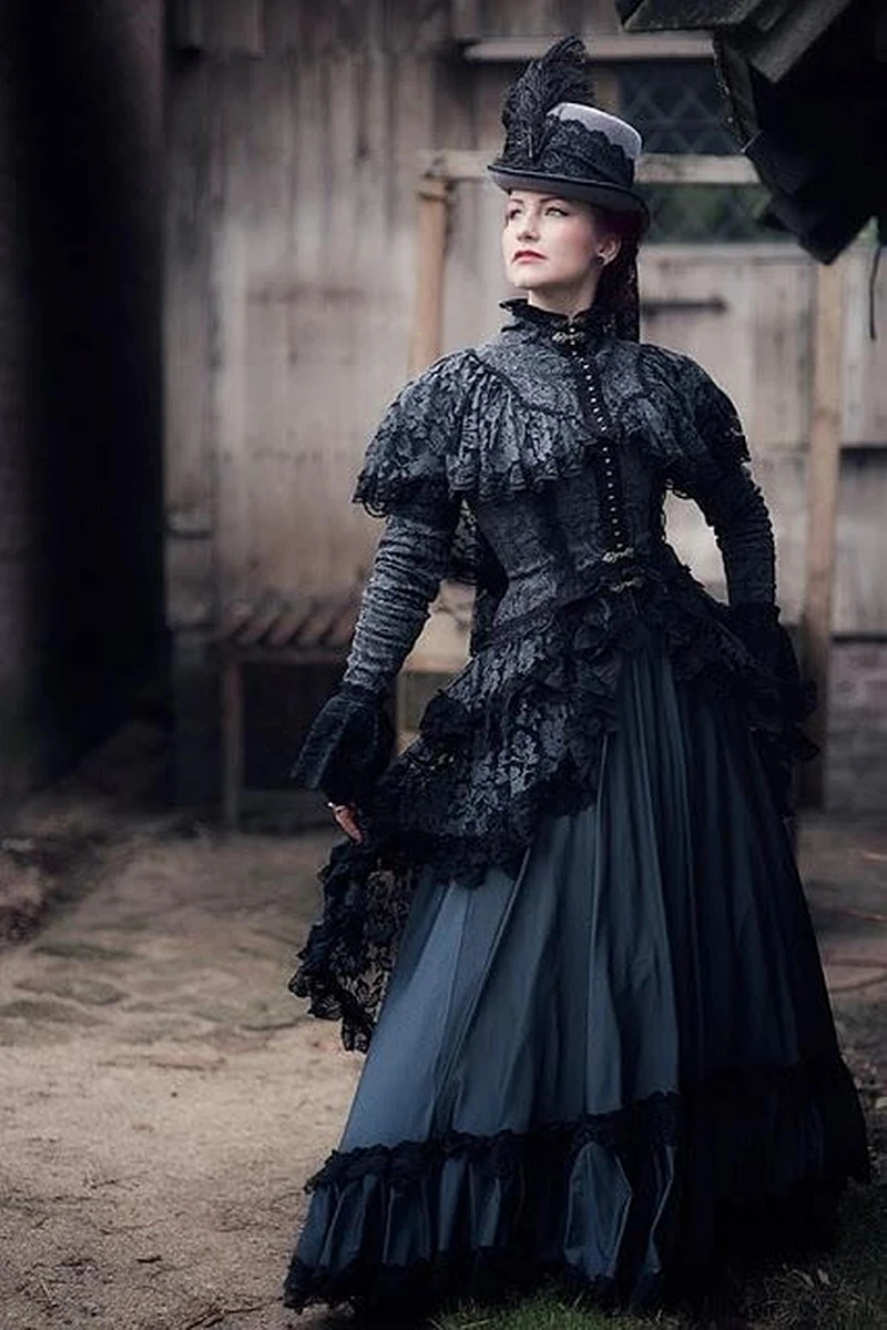 

Black Victorian Gothic ball gown prom dresses Lace Long Sleeves High Neck cosplay Historical Vampire evening gown