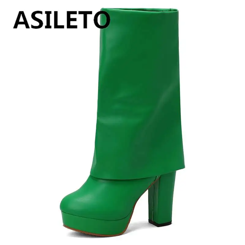 

ASILETO модные женские сапоги вал 24 см Высокий блочный каблук 11 см платформа 2,5 см круглый носок молния размера плюс 32-48 твердая обувь вечерние
