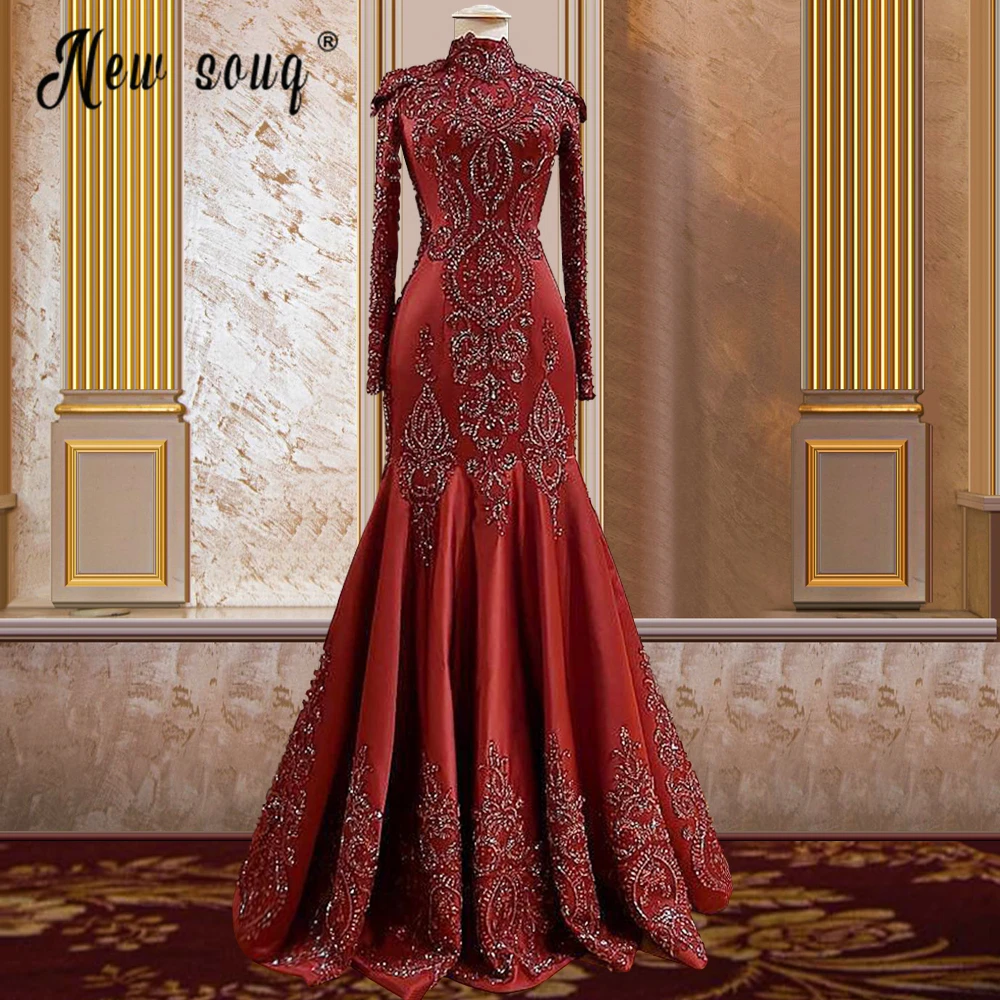 

Burgundy Luxury Muslim Evening Dress Full Beaded Long Sleeve Party Gowns Formal Gown Turkey Arabia Special Occasion Custom Made