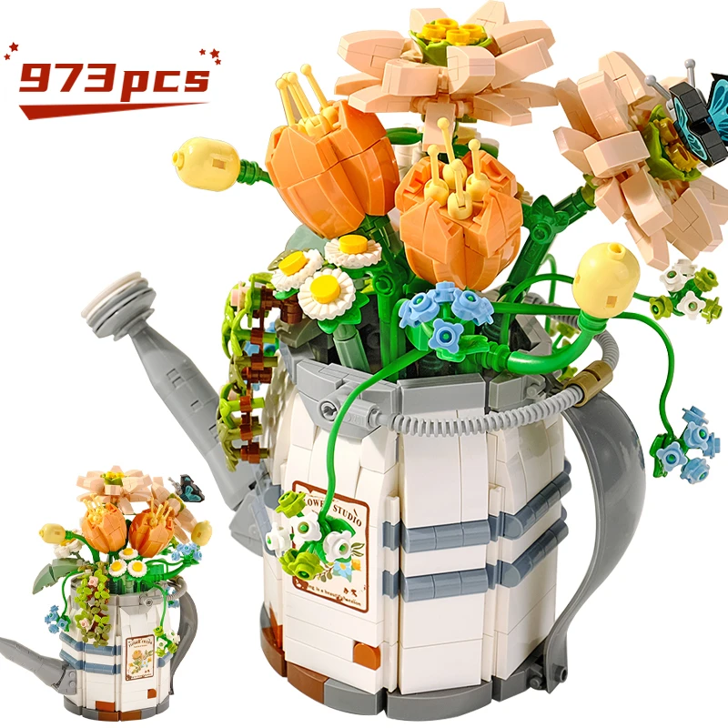 

973pcs Flower Rose Watering Can Building Block Friends Home Decoration Plant Bouquet Bricks Toys For Children Romantic Gifts