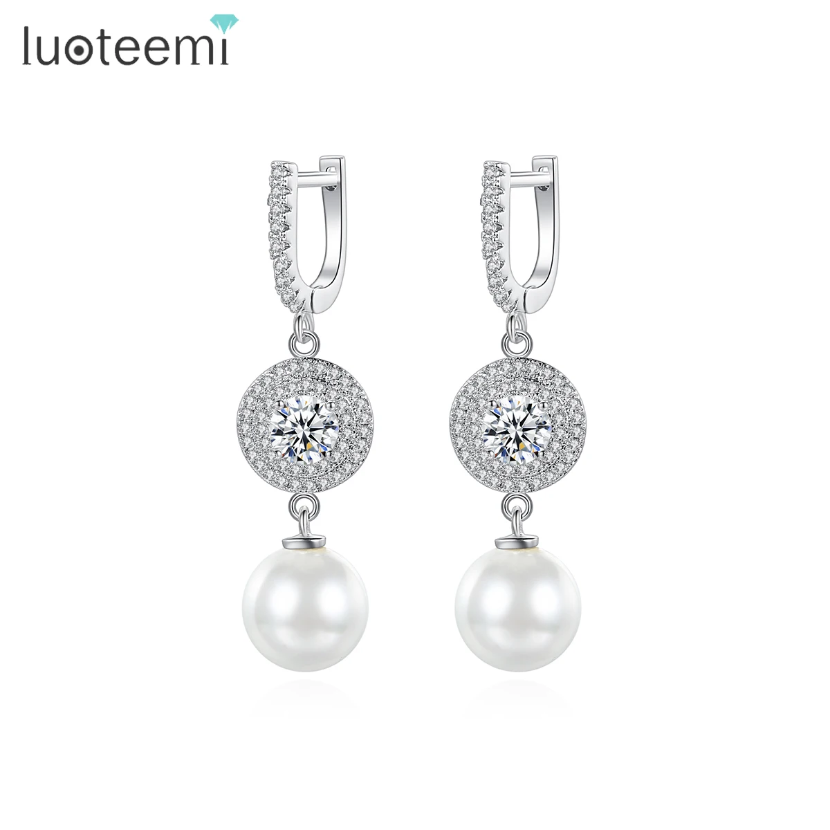 

LUOTEEMI Wholesale New Popular Bling Hanging Earrings Champagne Gold-Color CZ Simulated-Pearl Dangle Earrings for Women Jewelry