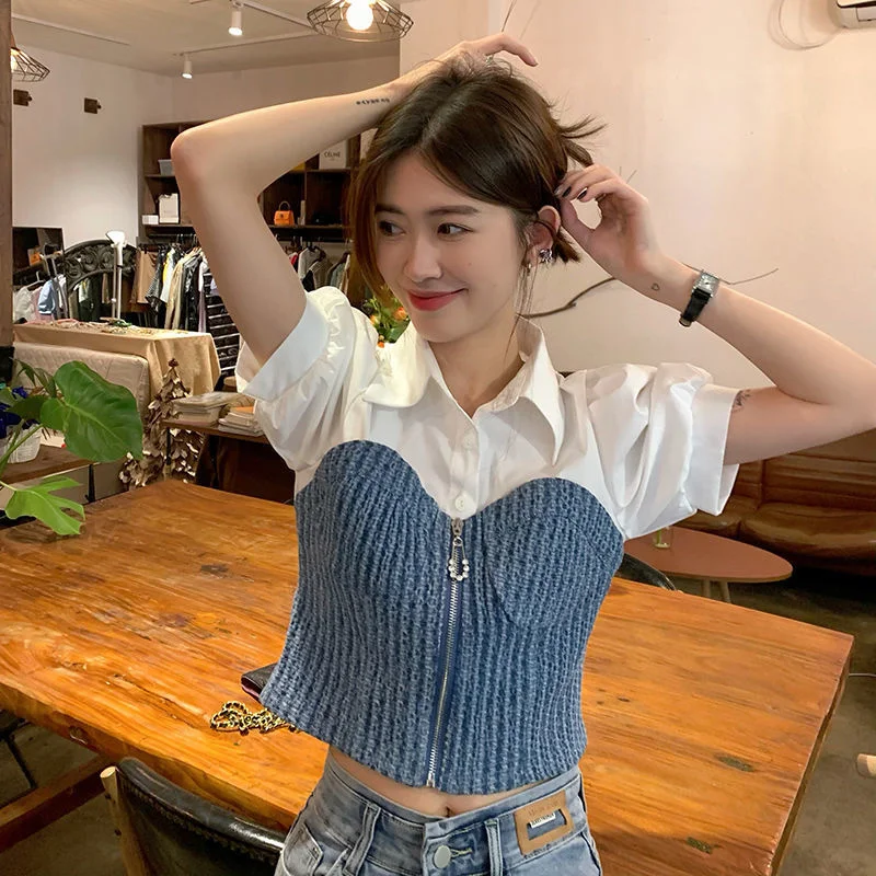 

Kawaii Clothes Korean Denim Stitched Designer Shirt Female Minority Summer 2022 New French Retro Slim Short Sleeve Fashion Tops