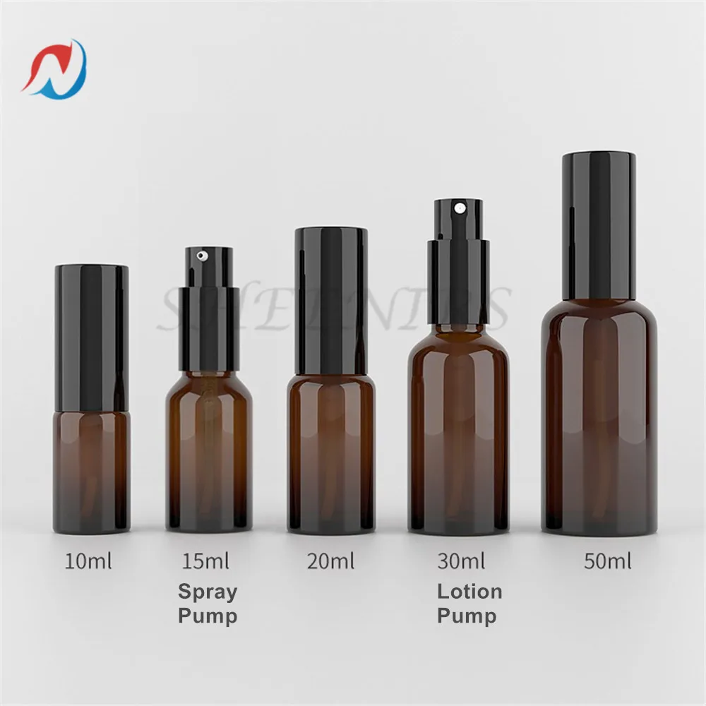 

Sheenirs 10pcs Amber 5ml/10ml/15ml/ 20ml/30ml/50ml/100ml glass spray and lotion bottles Refil Press Pump Oils Liquid Containers