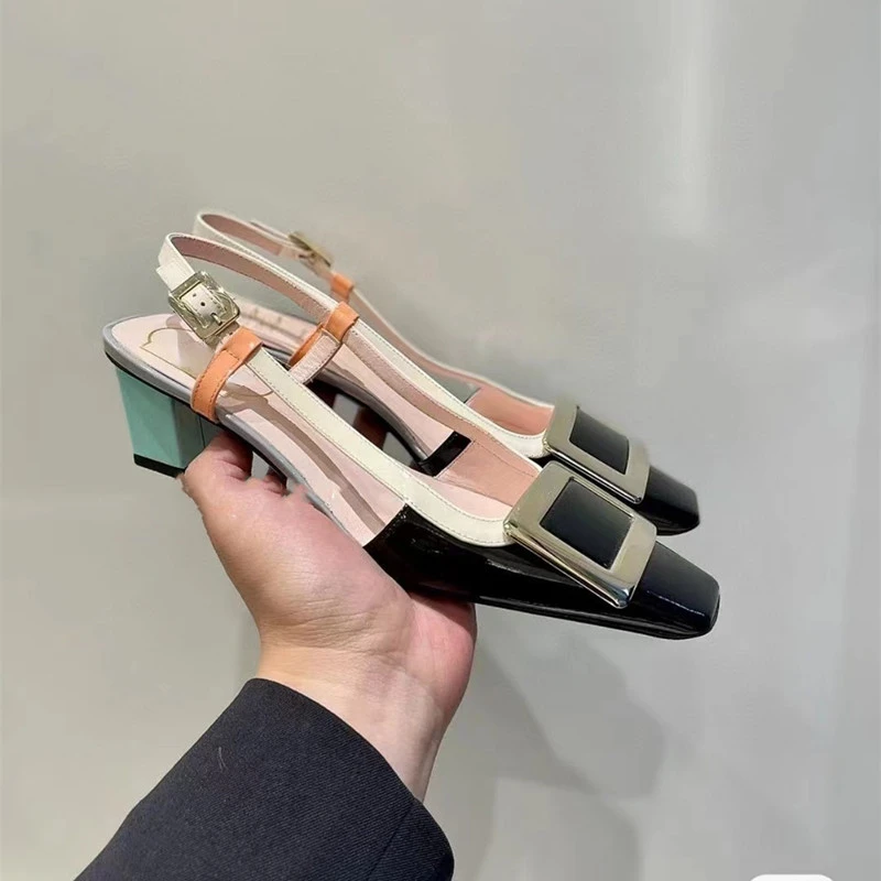 

Square Buckle One Line Strap Color Matching Thick Heeled Sandals for Women 2023 New Patent Leather Back Hollow Toe High Heels