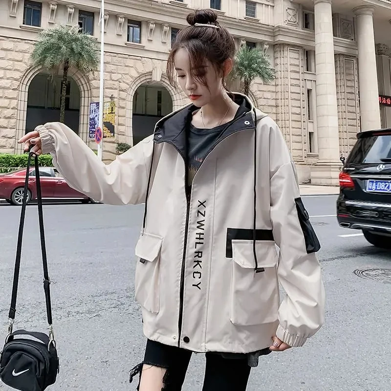 

Женская куртка с капюшоном весна-осень 2022, модное пальто, студенческие жакеты, повседневные свободные ветровки в стиле бойфренд, пальто