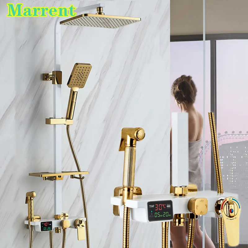 

White Gold Digital Shower Faucet Quality Brass Thermostatic Bathroom Shower System Rainfall Shower Head Digital Shower Set
