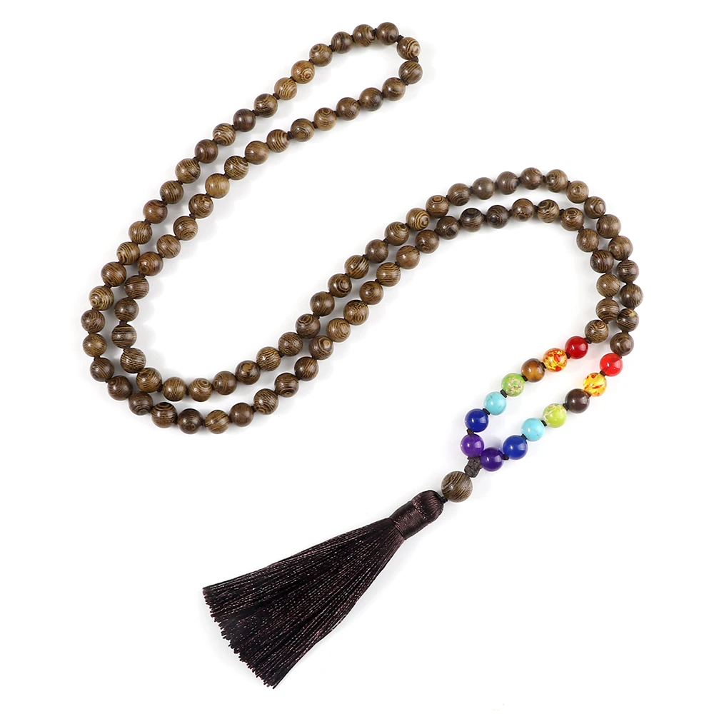 

108 Wooden Beads Necklaces With Tassel Women Men Vintage 8mm Beads Japamala Prayer 7 Chakra Necklaces Handmade Yoga Jewelry Gift