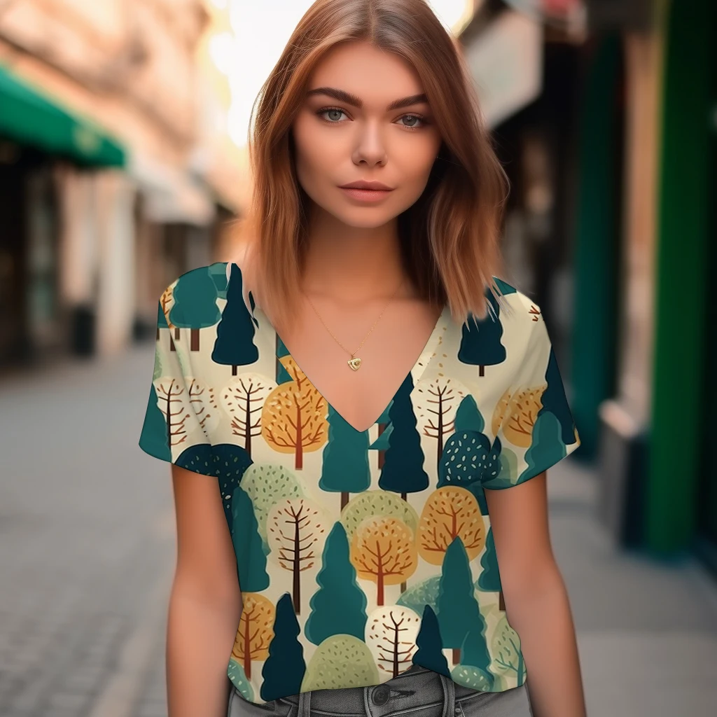 

2023 New Summer Short Sleeved T-shirt Urban Casual V-neck T-shirt Women's Loose Harajuku T-shirt Tree 3D Printed T-shirt