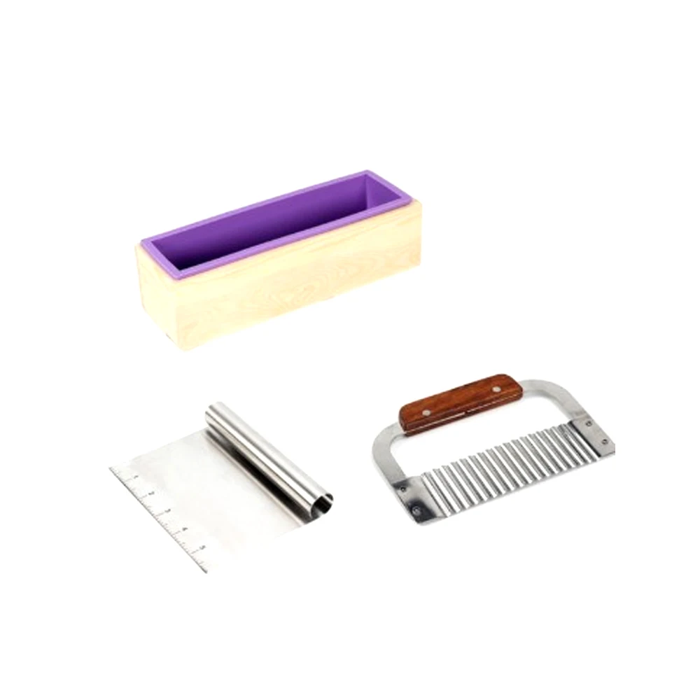 

2022 Rectangular Soap Mold Silicone Silicone toast mold Wooden Box with Wave Soap Knife Stainless Steel Knife 3-piece Set Soap
