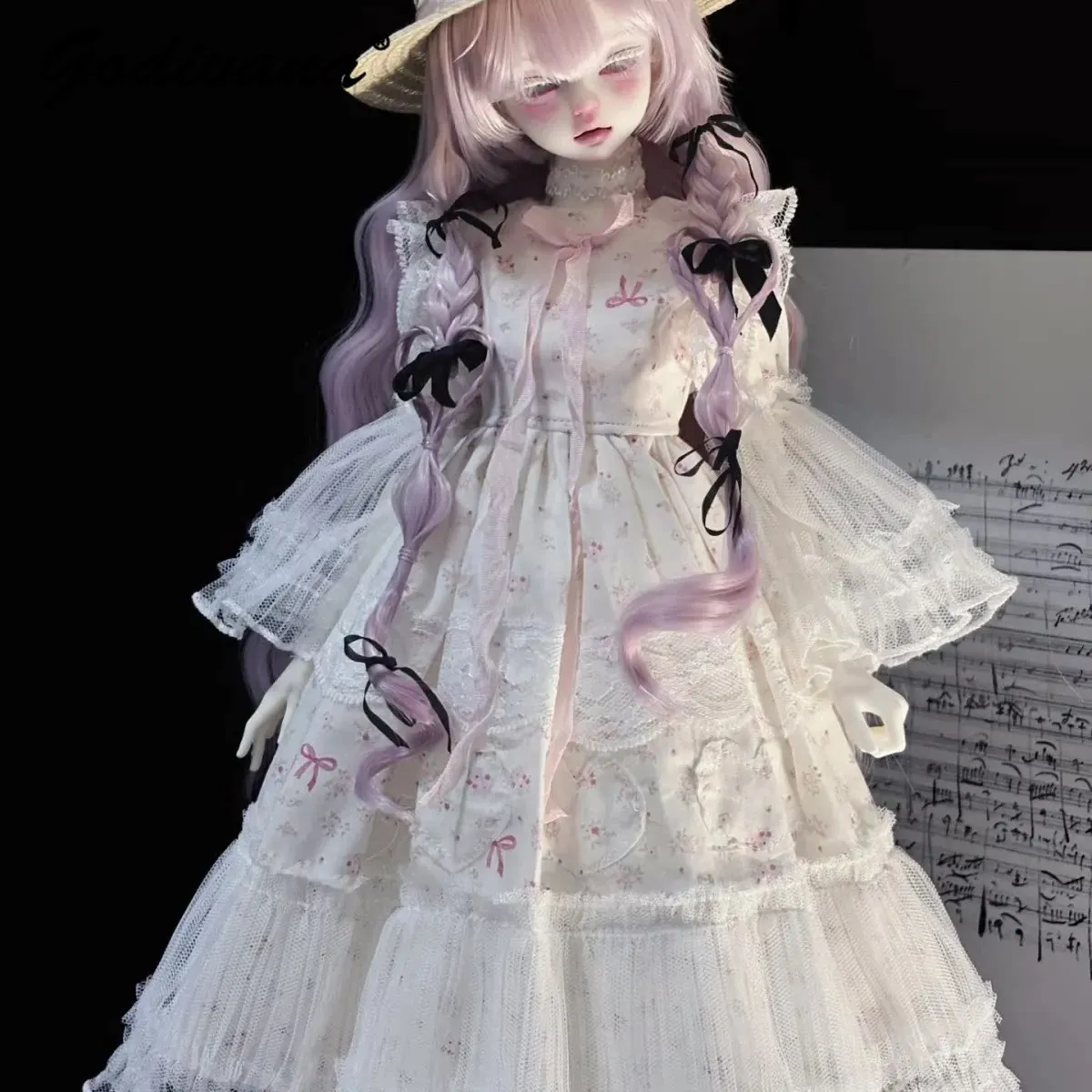 Фото Наряд для куклы BJD 1/4: милое платье в стиле лолита с цветочным кружевом, пышными рукавами и рюшами, с соломенной шляпой, одежда для кукол с телом Nannan. №3