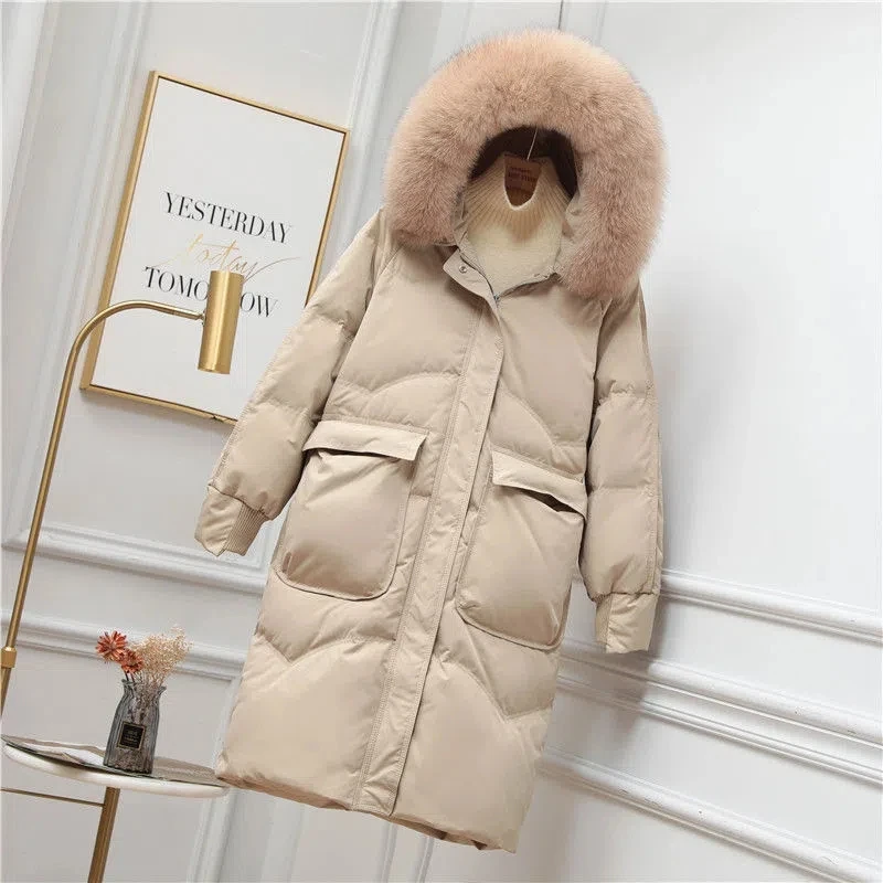 White Duck Down Coat Women 2022 Winter New Fashion Slim High-end  Down Jacket Female Large Size Long Hooded Fur Collar Parkas