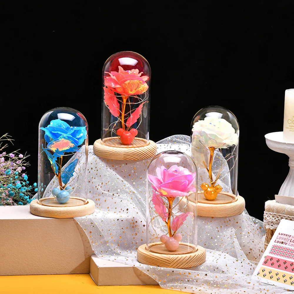 

Christmas Gift Artificial Eternal Rose Beauty and the Beast Galaxy Flowers with Lights In Dome Decor Valentine Day Wedding Gift