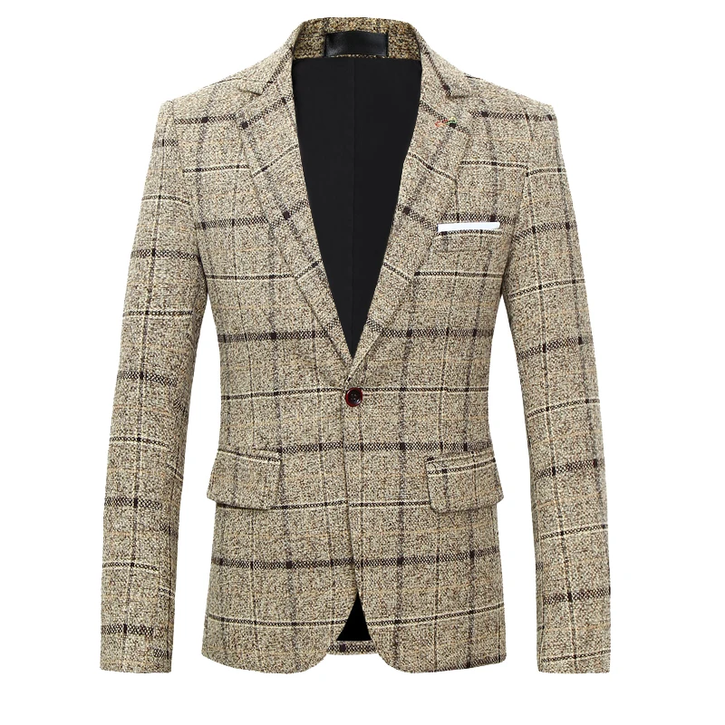 

2021 Men's Fashion Gray Plaid Suit Jacket Wedding Groom Prom Singers Blazers Men Blazer Slim Fit Men Clothing Over-Sized 5XL