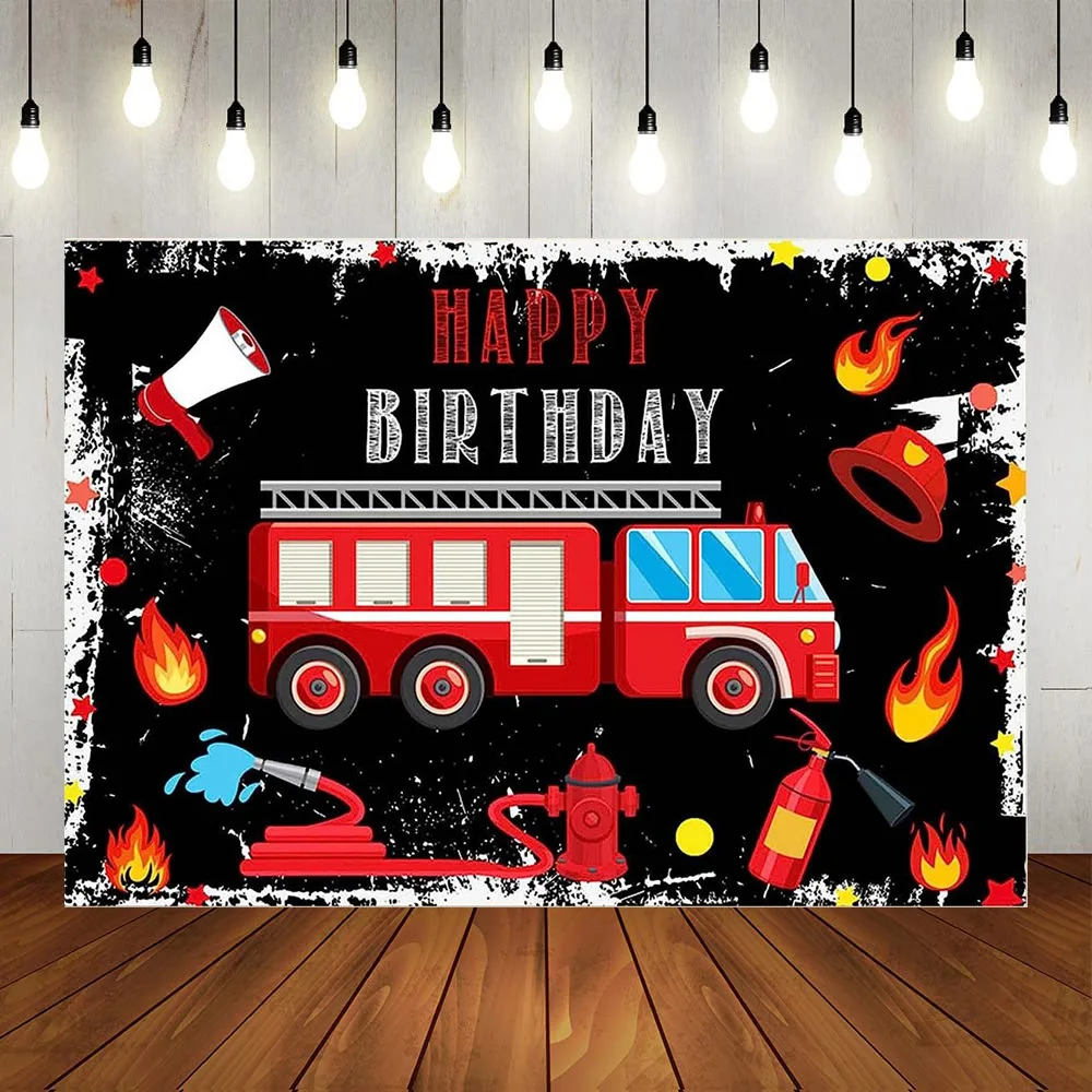 

Firetruck Backdrop Boy Birthday Party Fire Hydrant Fireman Theme Black Background for Photography Fire Truck Supplies Backdrop