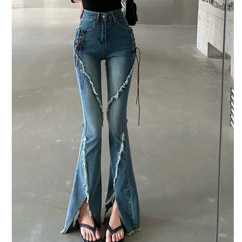

Y2K Split raw edge straps Horseshoe Jeans Women's Ins Tide Niche High-waisted Slim-cut Trousers Spring Wide-leg Flared Trousers