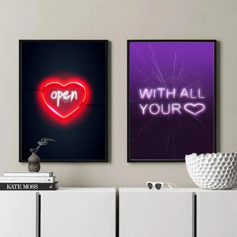 

Modern Canvas Painting Neon Open Your Heart / With All Your Heart Quotes Wall Art Abstract Posters and Prints Home Decor Murals