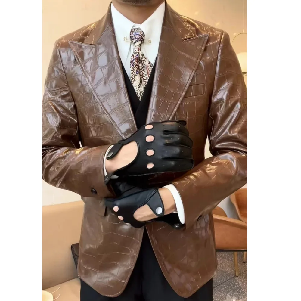 

Осенние мужские блейзеры в британском стиле, кожаный повседневный костюм со змеиным принтом, пиджак, свадебное Деловое платье, пальто, смок...