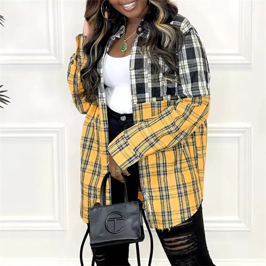 

Shirts For Women Plaid Long Sleeve Button Up Shirt Collared And Blouse 2021 Autumn Spring Fashion Loose Casual Splicing Blouse