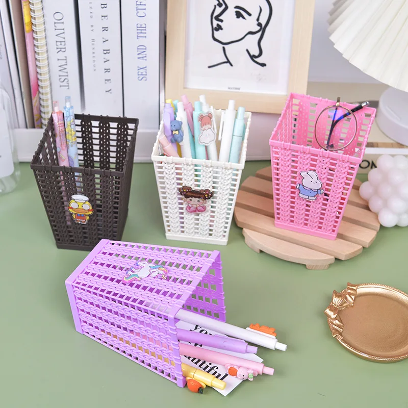 

Kawaii large-capacity storage cylinder creative diy multi-functional desk organizer Imitation rattan woven pen holder