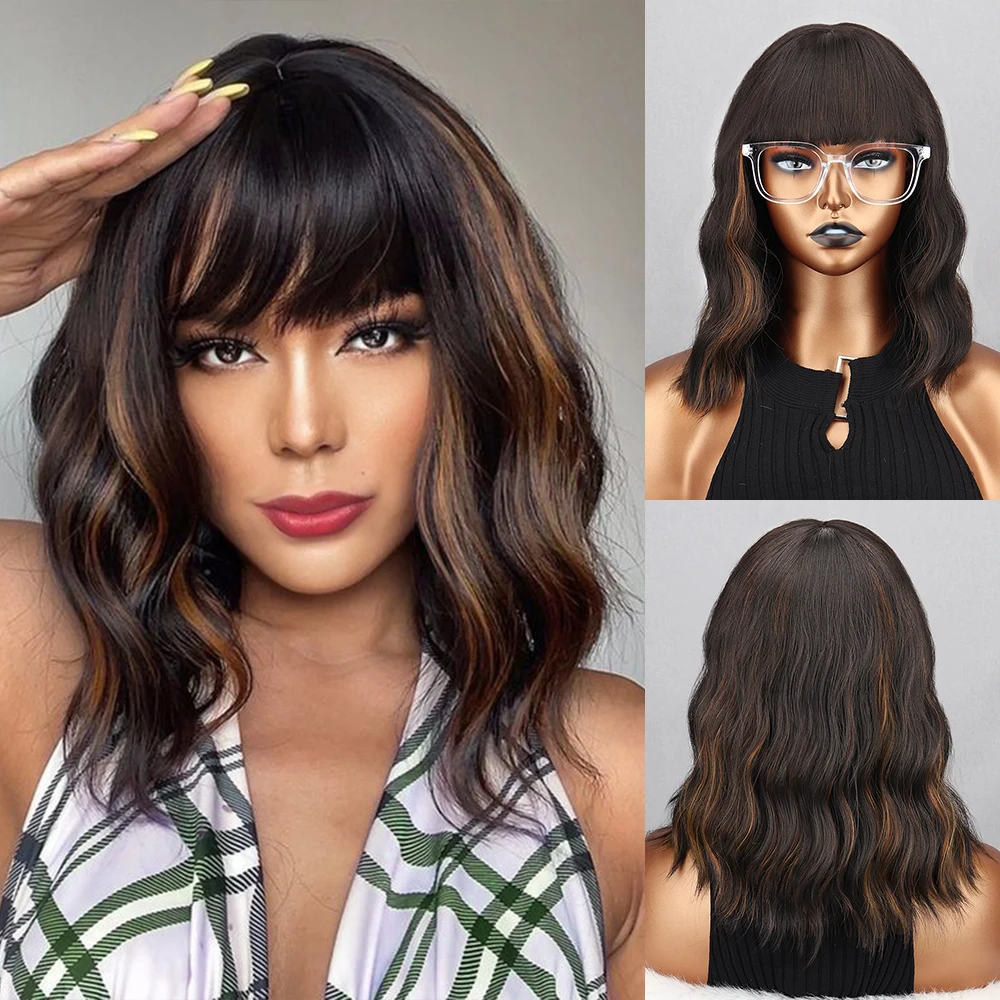 

Short Bob Wigs Black Brown Synthetic Wig with Bangs for Women Wave Natural Daily Heat Resistant Cosplay Hair
