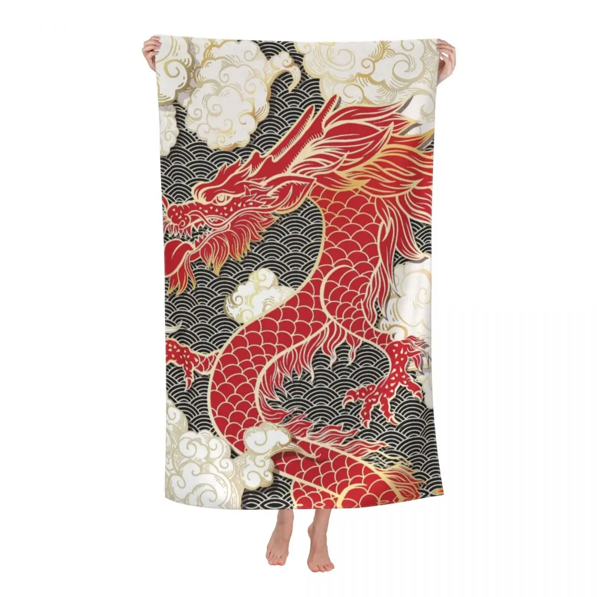 

Китайское красное рисунок тотемного дракона пляжное полотенце традиционное азиатское стильное дышащее полотенце для бассейна из микрофиб...