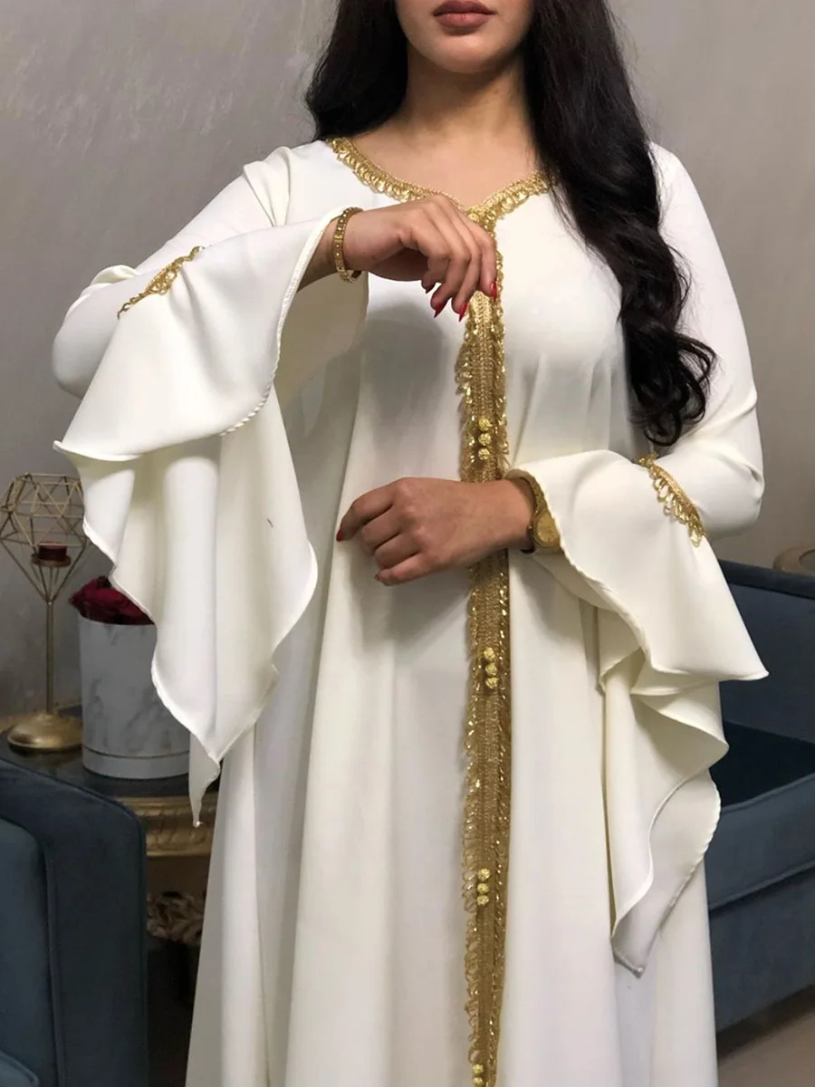 Женское платье-Кафтан Jalabiya, белое свободное платье с вышивкой из золотой ленты в мусульманском и арабском стиле на лето 2020