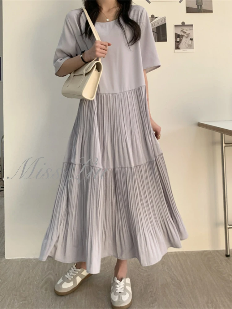 

2023 Summer Fashion Korean Version New Solid Round Neck Art Loose Fold Short Sleeve Large Size Elegant Retro Casual Dress