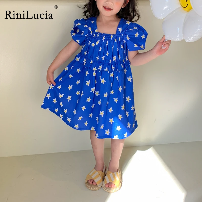 

RiniLucia 2022 Floral Girl Dress Summer Cute Blue Ruffles Short Sleeve Children Clothes Kids Dresses For Girls Princess Clothing