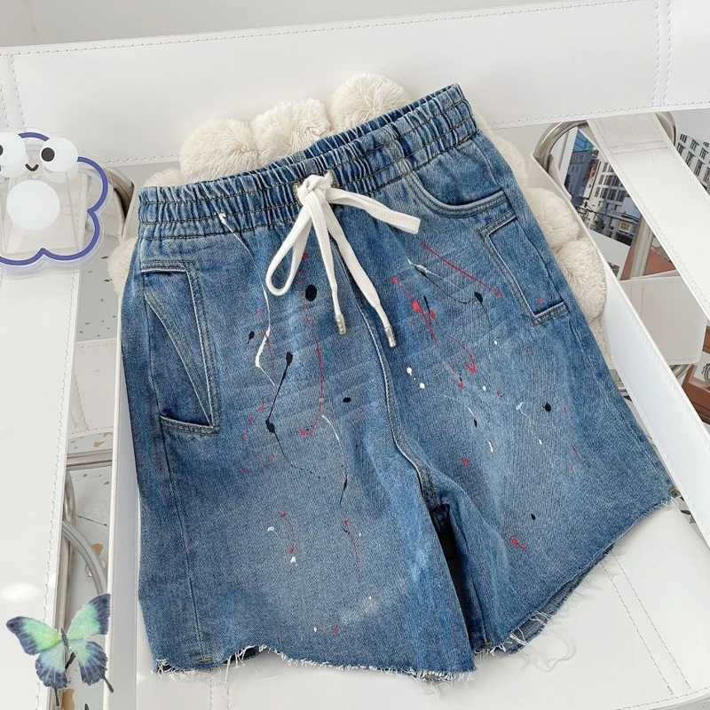 

Женские джинсовые шорты Kirsh, короткие штаны с завязкой и необработанными краями, с чернильными брызгами и карманами в стиле хип-хоп