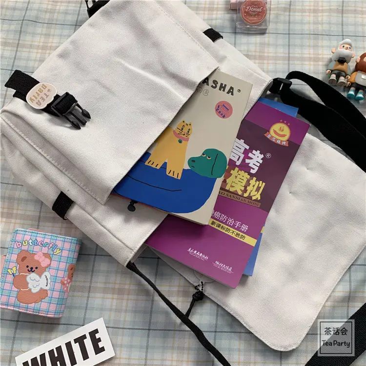 Harajuku Versatile Canvas Women Crossbody Bags Solid Color Flip Casual Handbag Shoulder Bags Teen Girls Messenger Bag Satchels images - 6