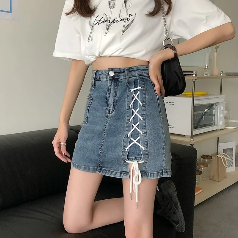 

Korean Fashion High Waist Denim Skirt Women 2023 Summer Bandage Stretch Denim Skirt New A-Line Skirt Female Short Skirt Harajuku