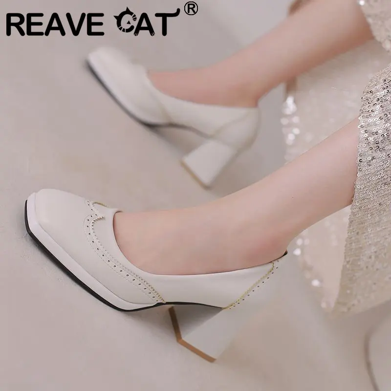 

REAVE CAT Brand Women Pumps Square Toe Block High Heels 7cm Platform Slip On Plus Size 44 45 46 47 48 Sweet Office Ladies Shoes
