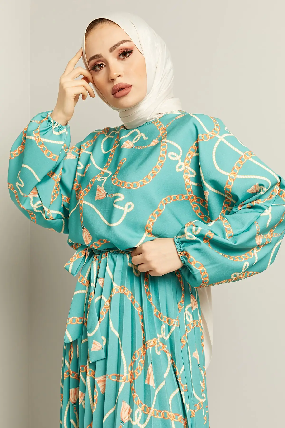 Chain Pattern Elastic Waist Dress Black Standard Size 36-44 Compatible Maxi Hijab Dubai Robe Longue Femme Islam Caftan Fashion