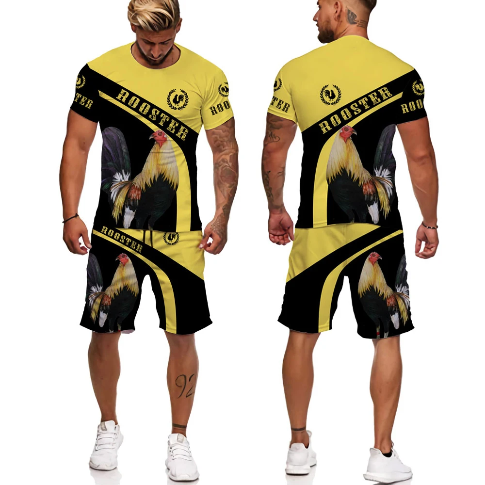 3d Print Rooster Man Summer Set 2 Piece Oversized Tshirt+ Sport Shorts Tracksuit Summer Cock Animal Short Sleeves Sports Suit