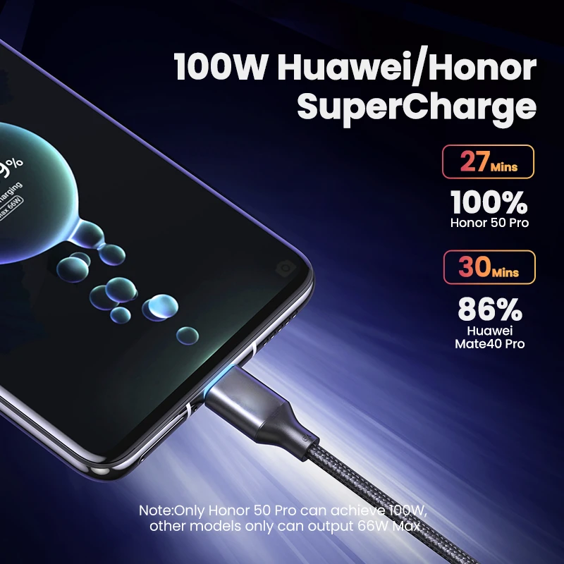 

2022 Trend for Huawei P40 Pro Mate 30 P30 Pro Supercharge 100W Fast Charging USB-C Charger Cable for Huawei 6A 5A USB Type C Cab