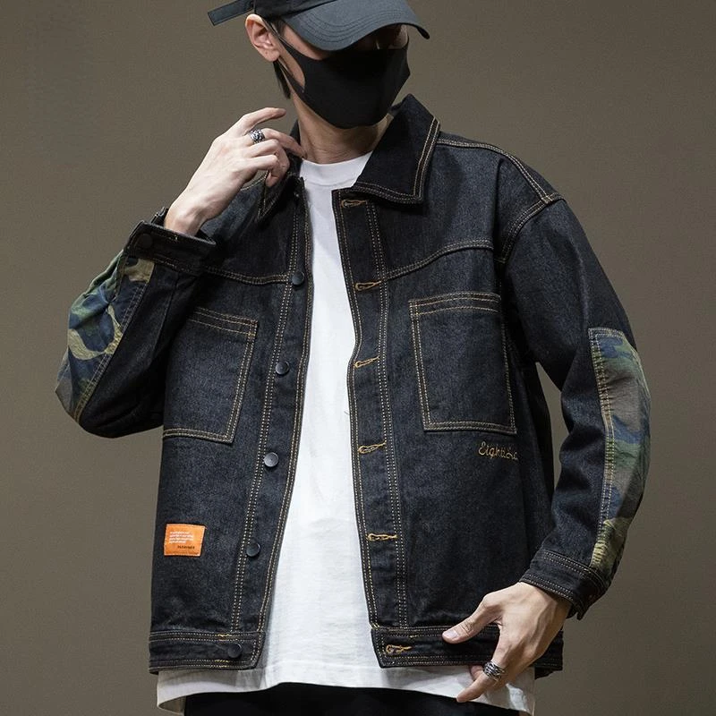 

2022 Spring Men's Denim Jacket Basic Sleeve Patchwork Camouflage Denim Jacket Casual Mens Fashion Streetwear Clothing 4XL E347