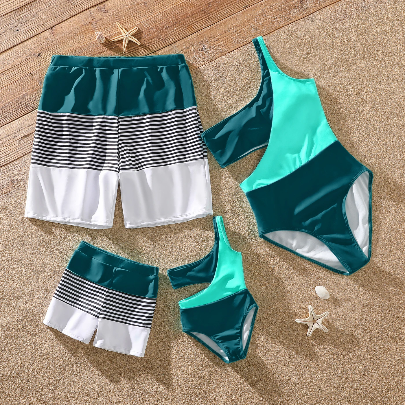 

PatPat Family Matching Swimsuit Colorblock One Shoulder Cut Out One-piece Swimsuits and Striped Spliced Swim Trunks Shorts