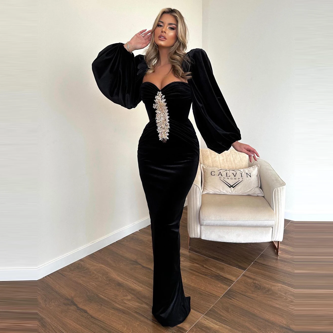 

Arabic Style Mermaid Evening Dresses Velvet Puffy Long Sleeves Beaded Crystals Maxi Prom Dressing Gowns Sweetheart Custom Made