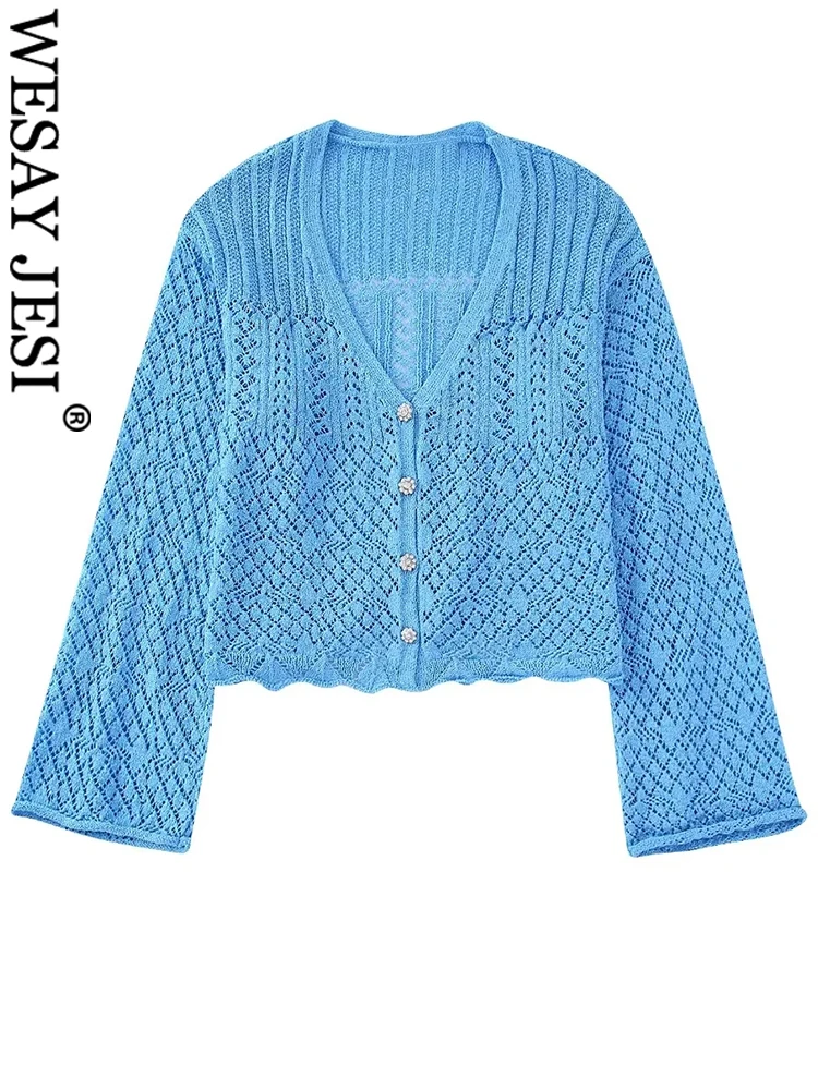 

WESAY JESI свободный удобный женский свитер с длинным рукавом синий Элегантный Стразы с V-образным вырезом однобортный женский кардиган