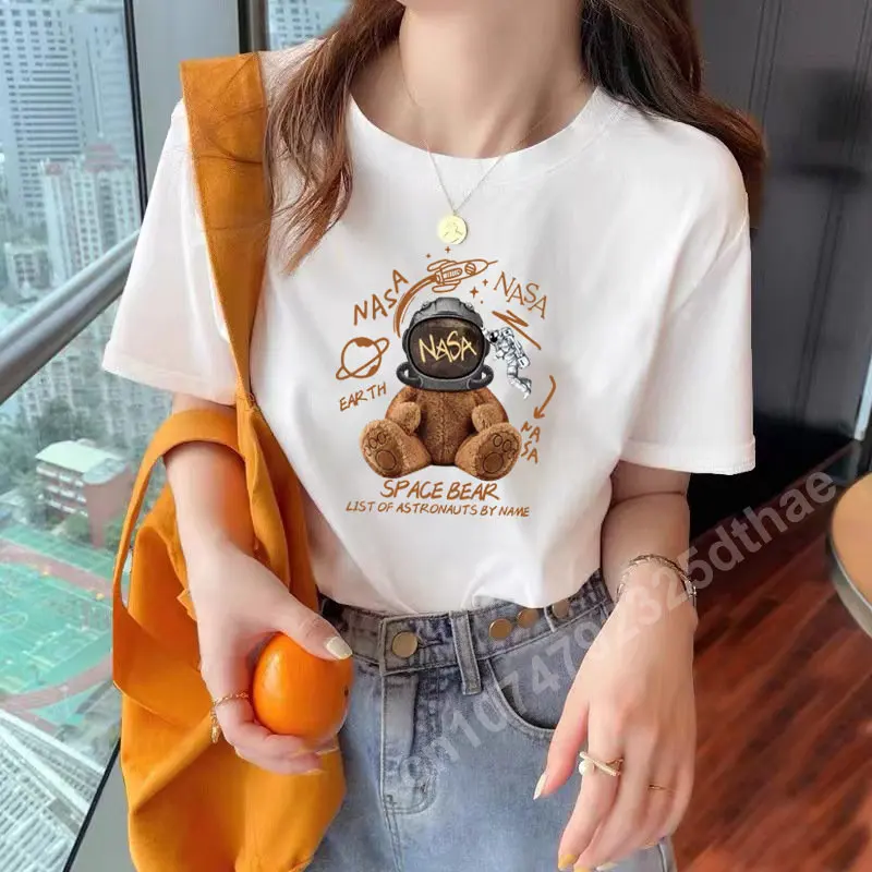 

Space Bear Print T-shirt Women Clothing Summer Round Neck Tops Casual Short Sleeve T Shirts Oversized Girls Cute White Base Tee