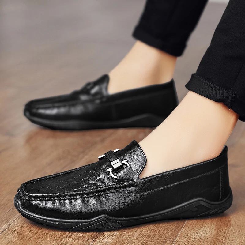 

Handmade Casual Leather Shoes Men's Spring and Summer Crocodile Bean Shoes A Foot Pedal High-end Head Layer Cowhide Men's Shoes