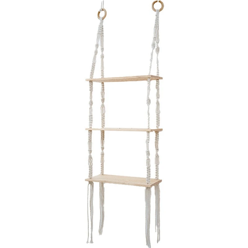 

Wall Hanging Shelf Boho Cotton Rope Woven Tapestry Plant Hanger Wood Floating Wall Decor