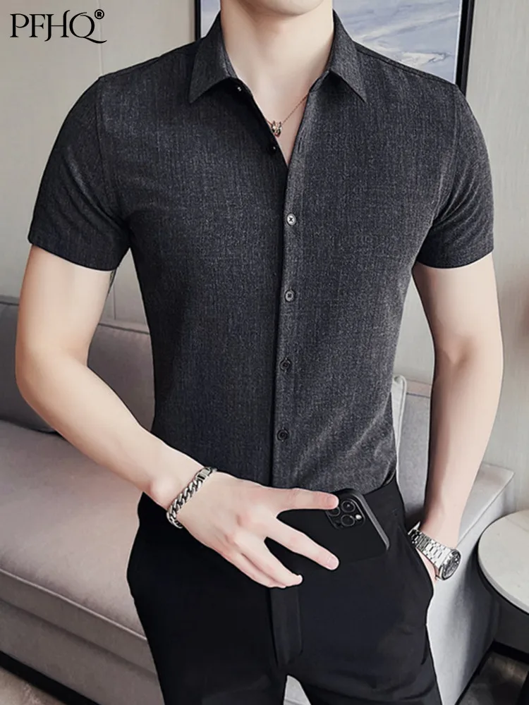 

PFHQ 2022 Summer Thin New Elegant Men's Solid Color Black Short Sleeve Shirt Light Luxury Shirt Fashion Trend Blouses 21Q1056