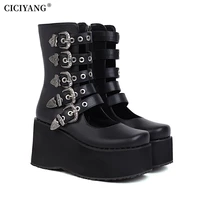 ciciyang wedge heel belt buckle fashion boots women 2022 autumn retro muffin plus size 43 44 shoes ladies mary jane high heels