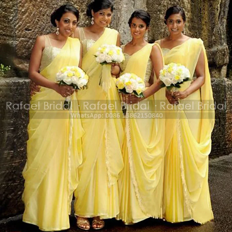 

Newest Long Indian Bridesmaid Dresses With Streamer Appliques Yellow Chiffon Ruffles South India Party Dress Maid Of Honor
